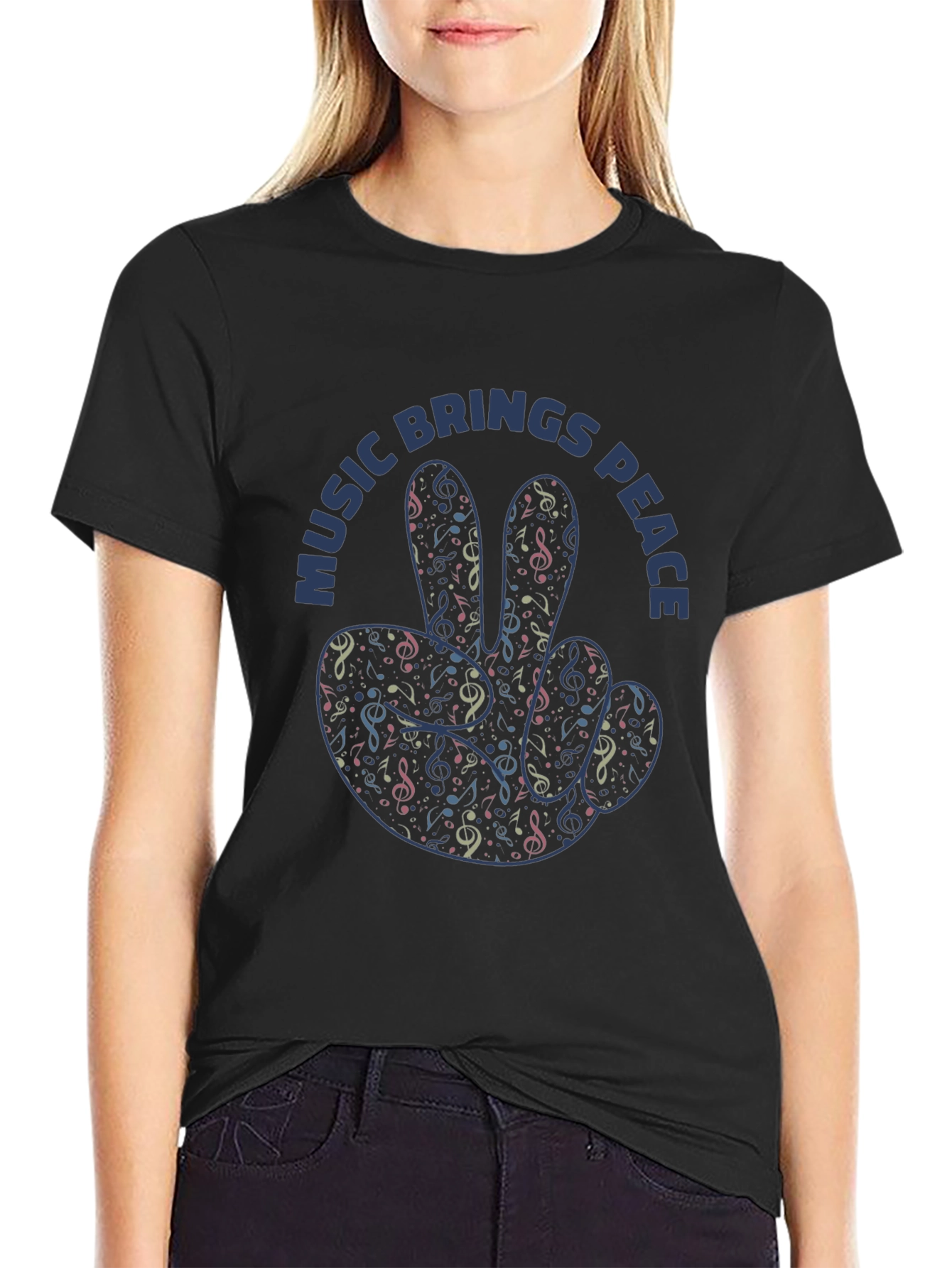 Music Brings Peace Graphic Print Black T-Shirt