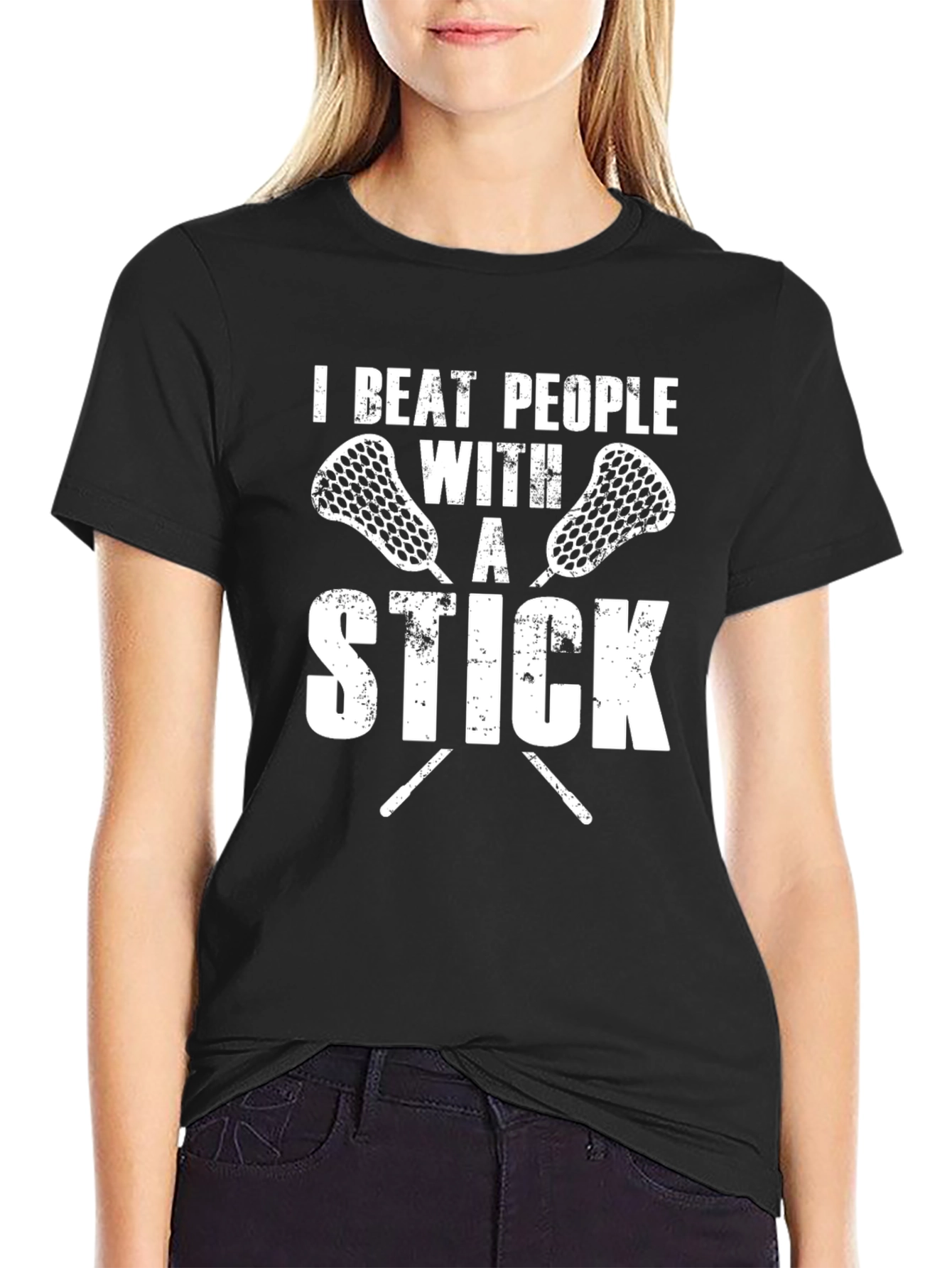 I Beat People With A Stick T-Shirt Lacrosse Black