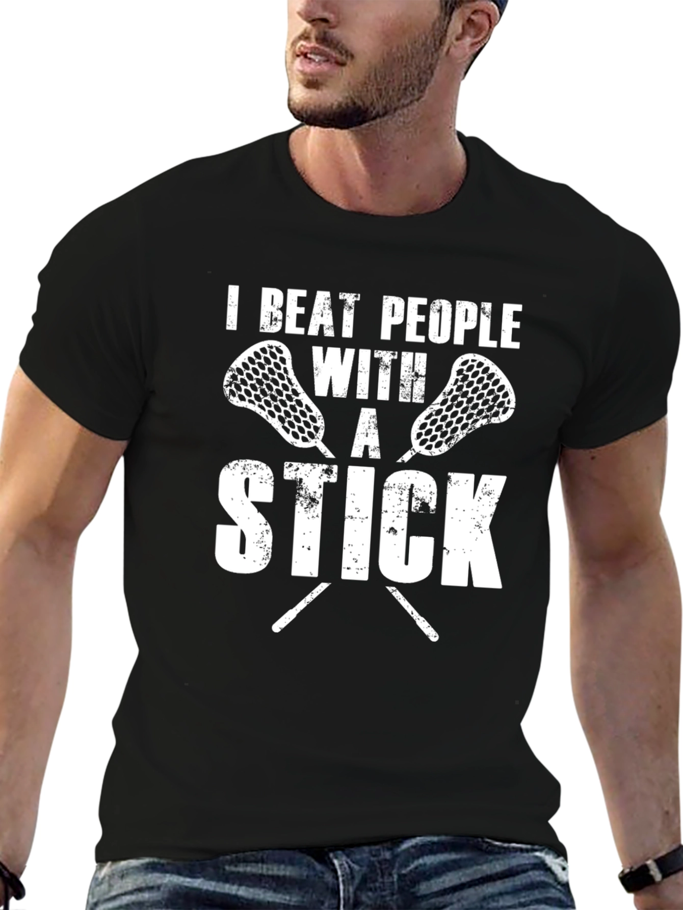 I Beat People With A Stick T-Shirt Lacrosse Black
