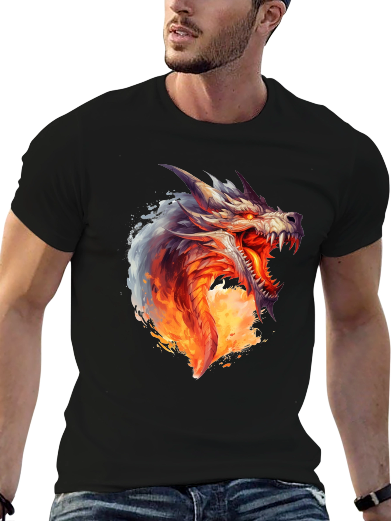 Fiery Dragon Graphic Print Black T-Shirt