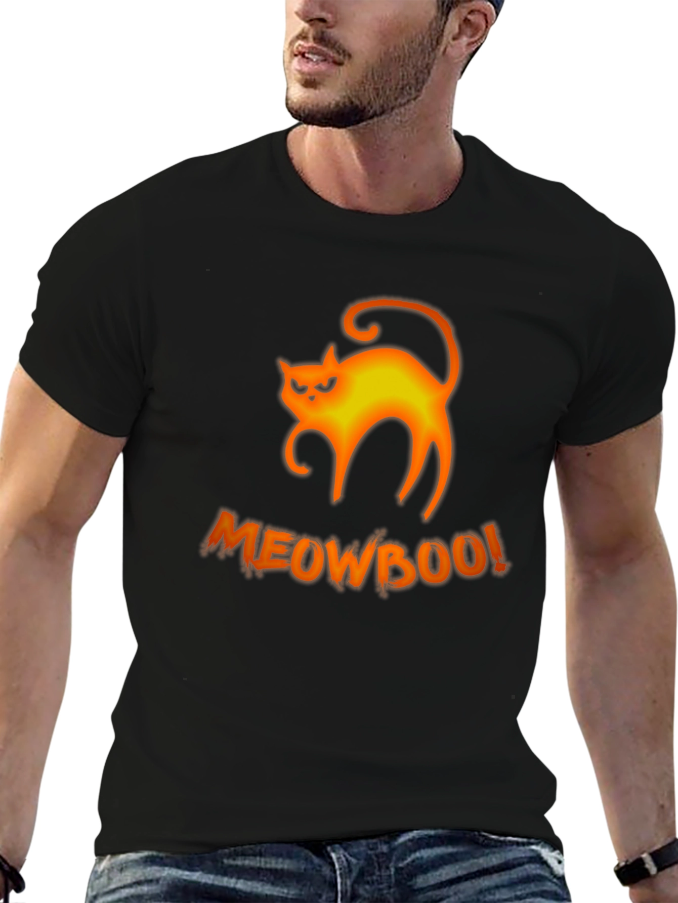 Halloween MeowBoo Cat Graphic Black T-Shirt