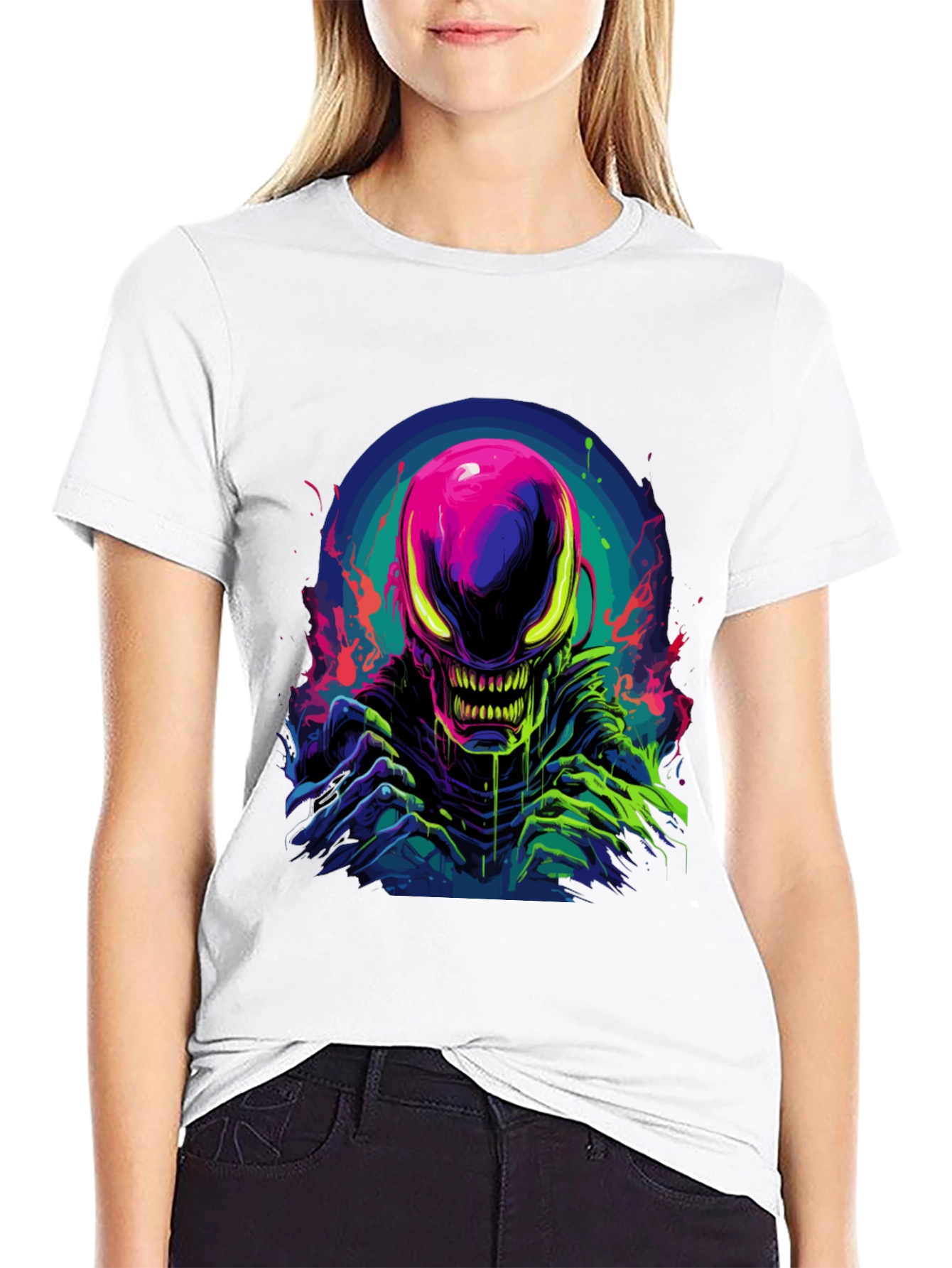Neon Alien Graphic Black T-Shirt