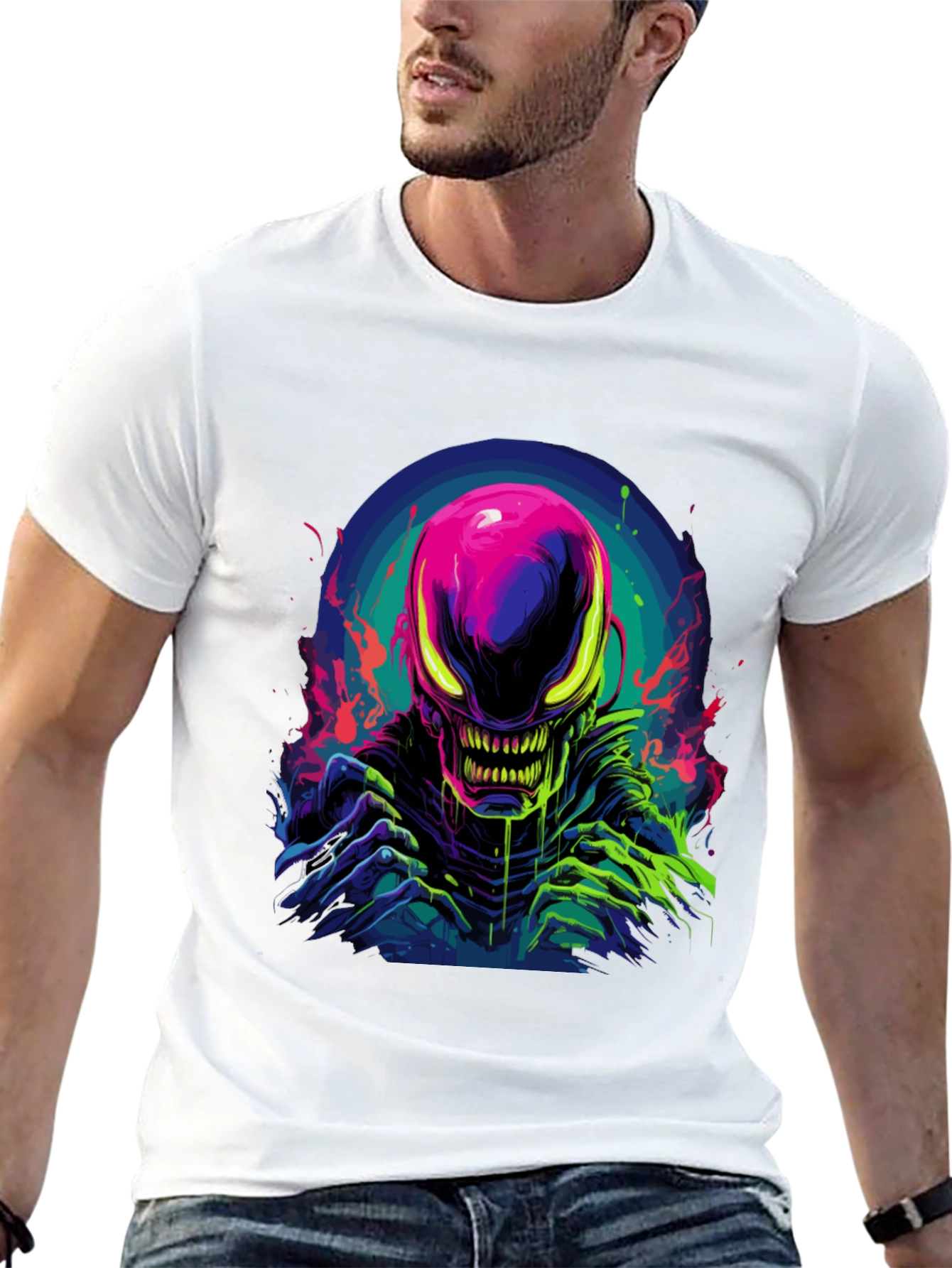 Neon Alien Graphic Black T-Shirt