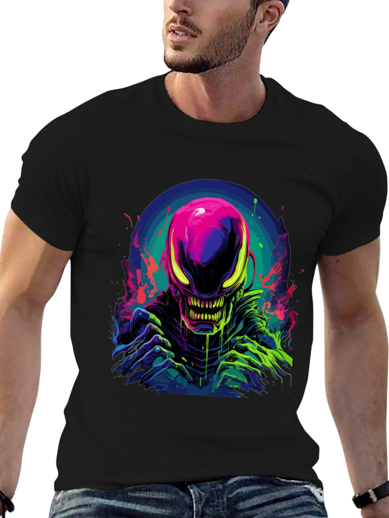 Neon Alien Graphic Black T-Shirt