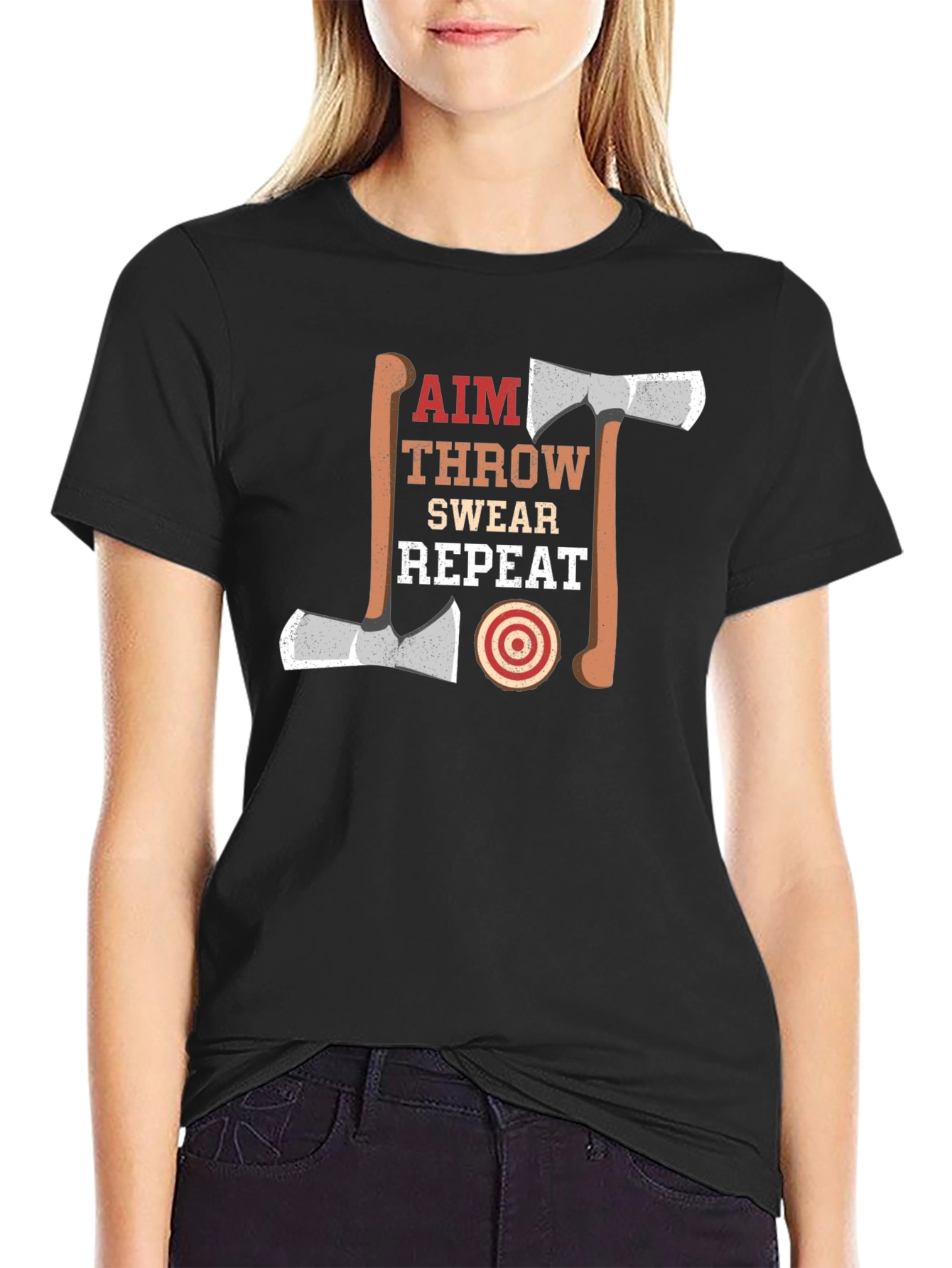 Axe Throwing Aim Swear Repeat Black T-Shirt