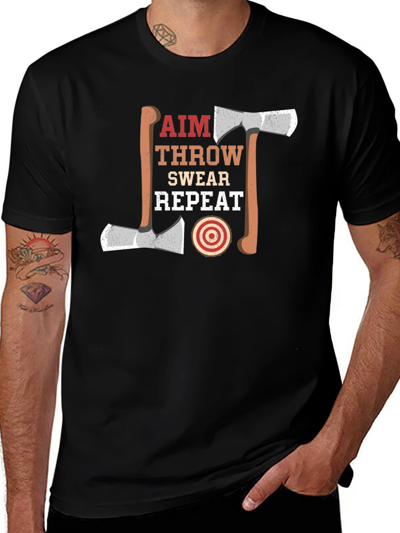 Axe Throwing Aim Swear Repeat Black T-Shirt