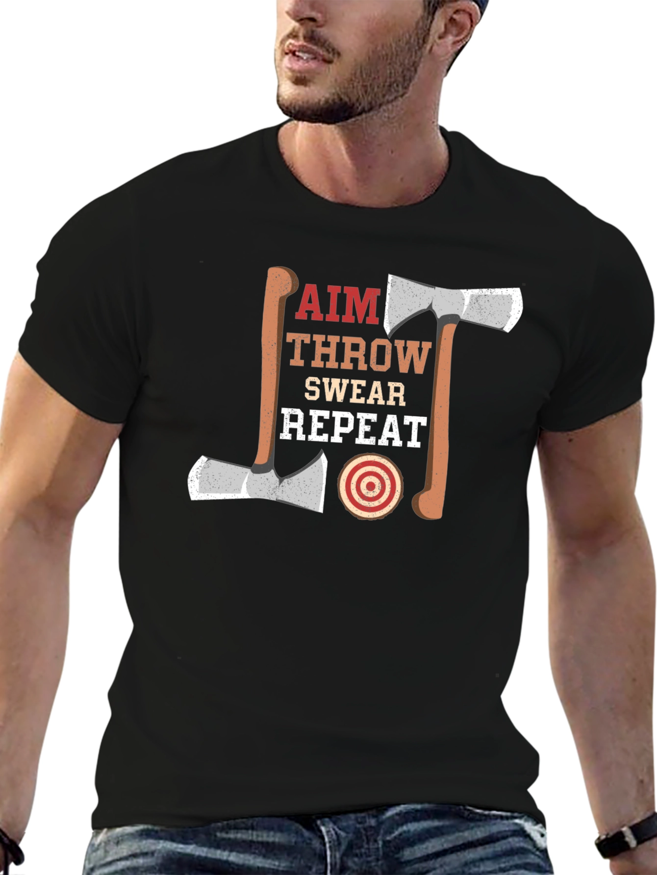 Axe Throwing Aim Swear Repeat Black T-Shirt
