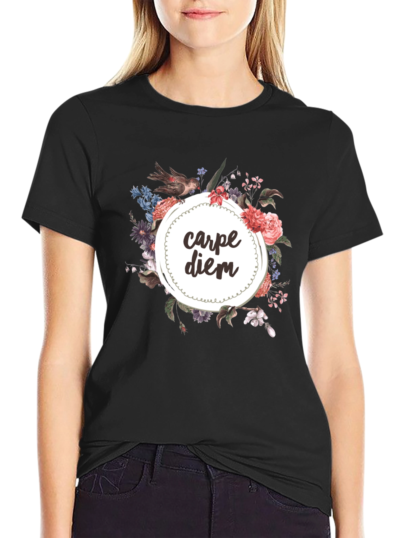 Carpe Diem Floral Graphic Tee - Black T-Shirt