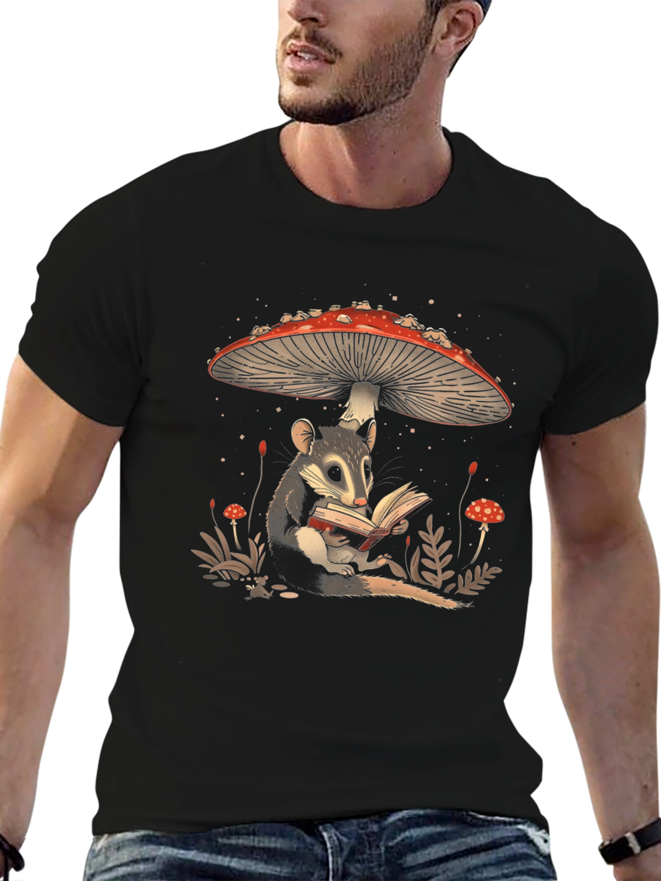 Whimsical Mushroom and Possum Reading T-Shirt