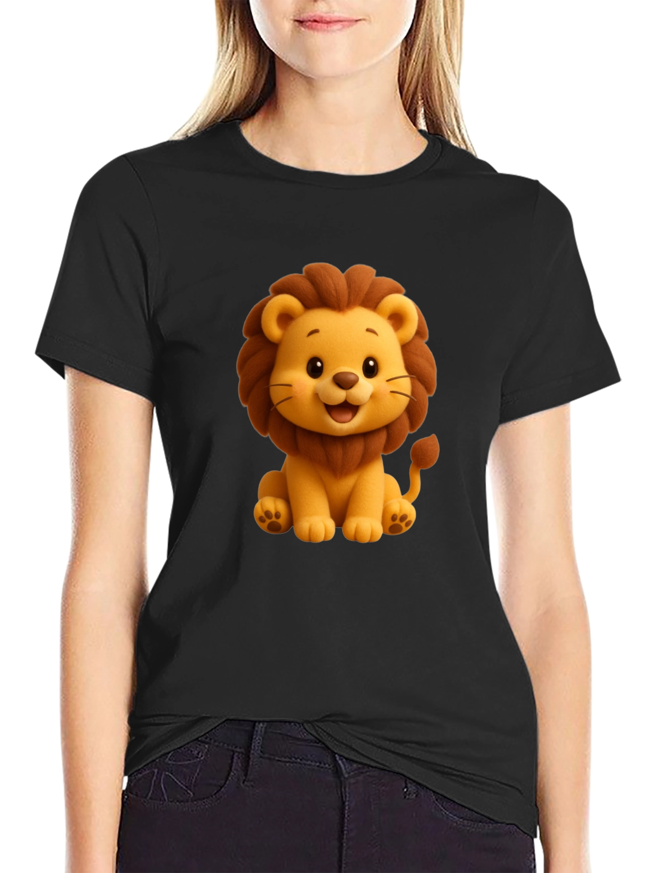 Cute Cartoon Lion Graphic Tee - Black