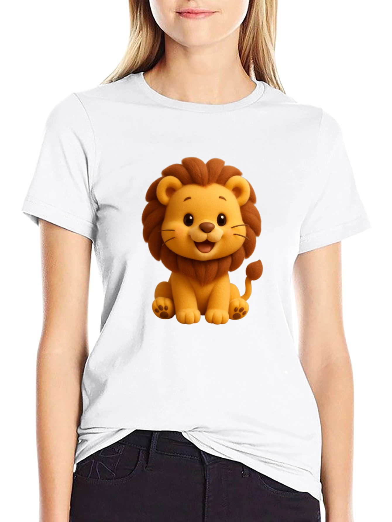 Cute Cartoon Lion Graphic Tee - Black
