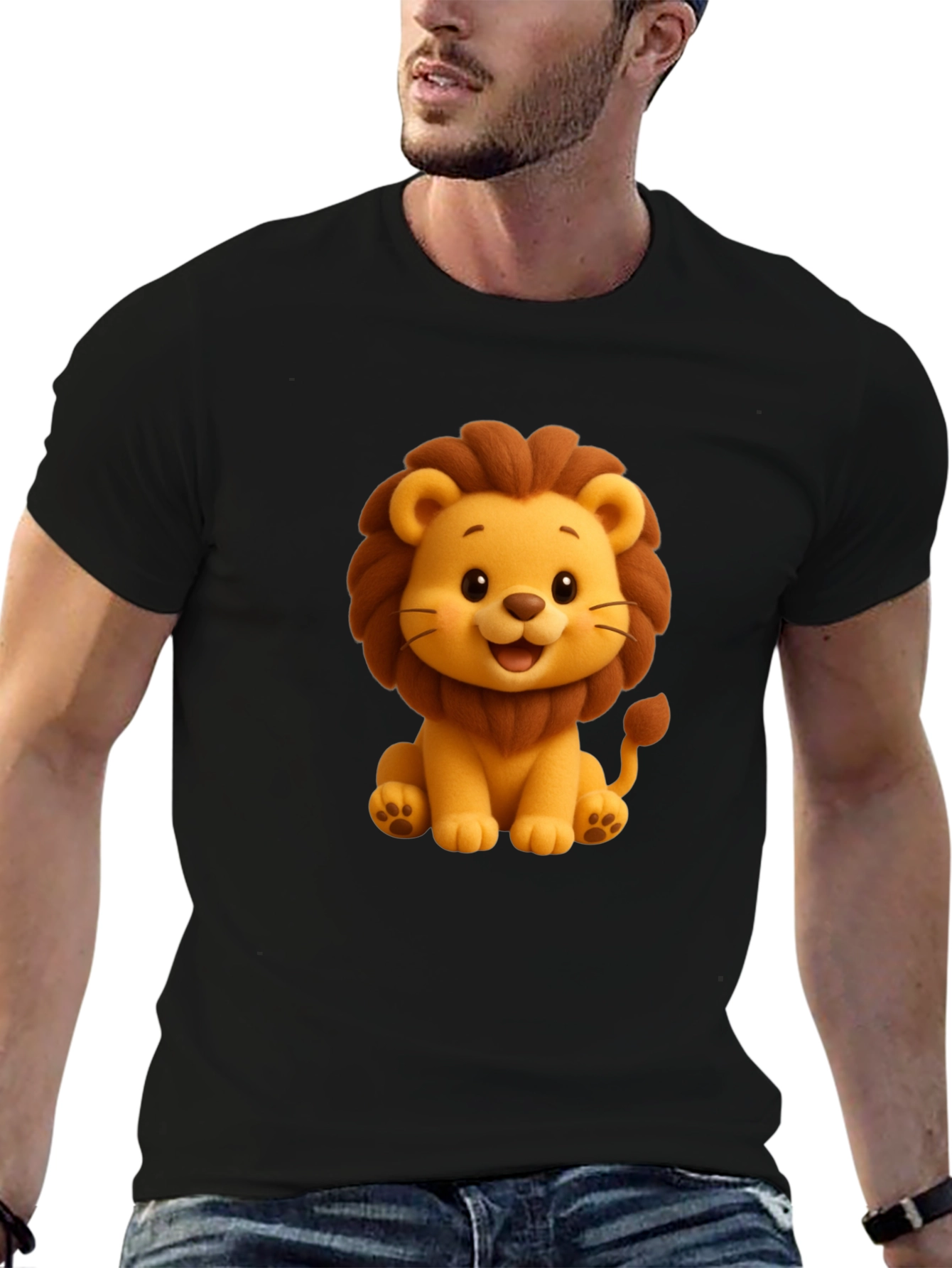 Cute Cartoon Lion Graphic Tee - Black