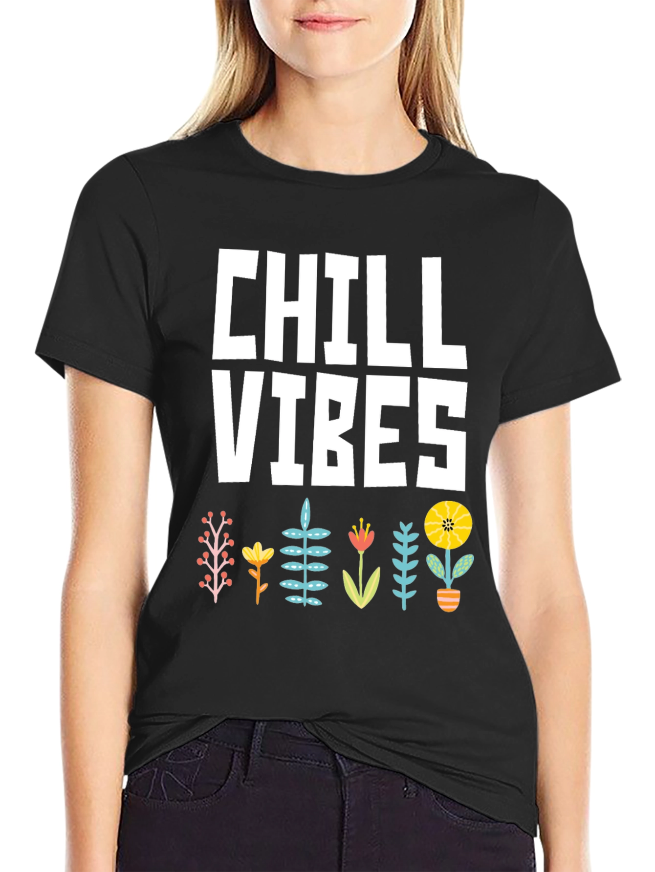 Chill Vibes Graphic T-Shirt - Black Floral Design