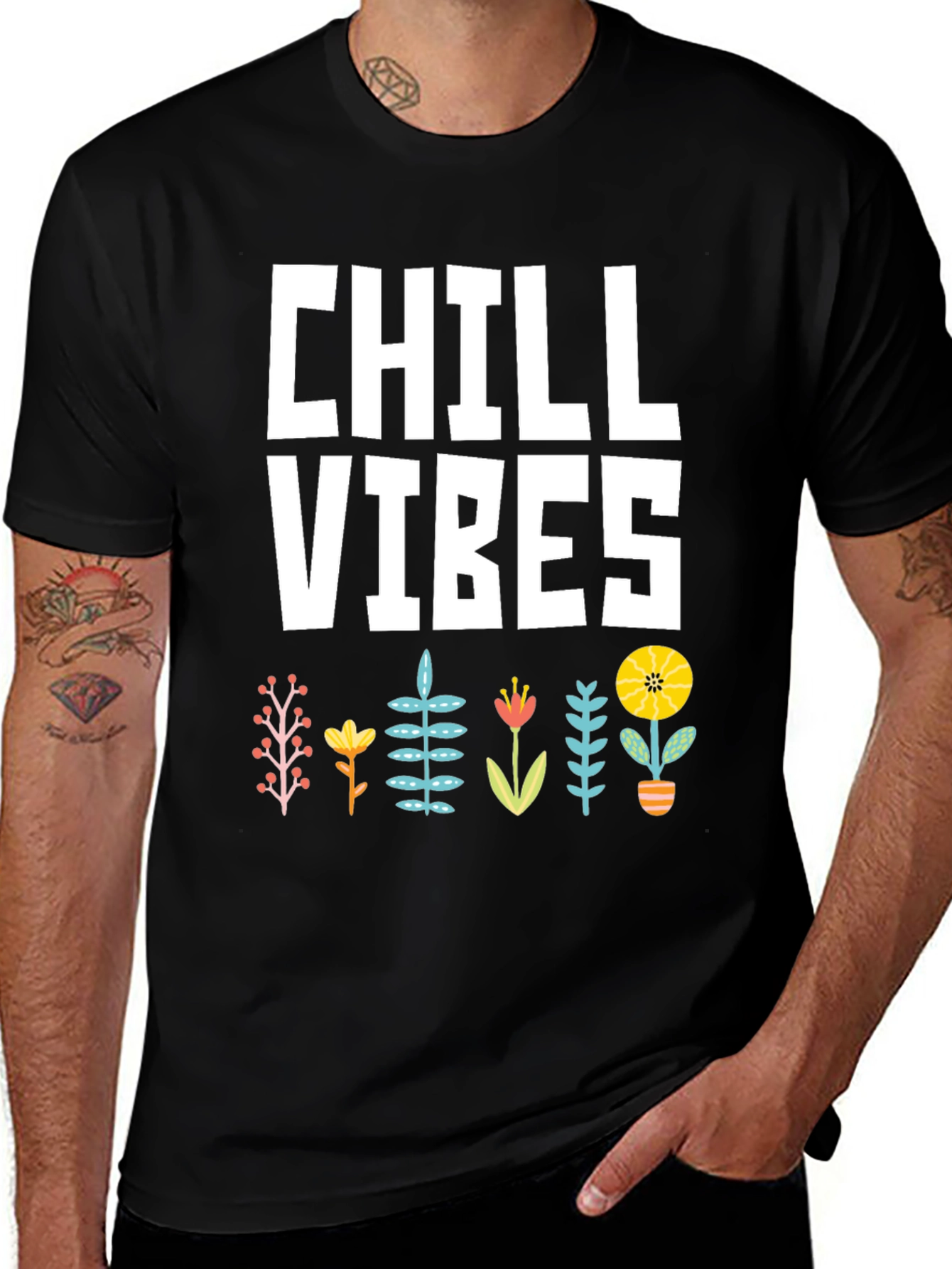 Chill Vibes Graphic T-Shirt - Black Floral Design