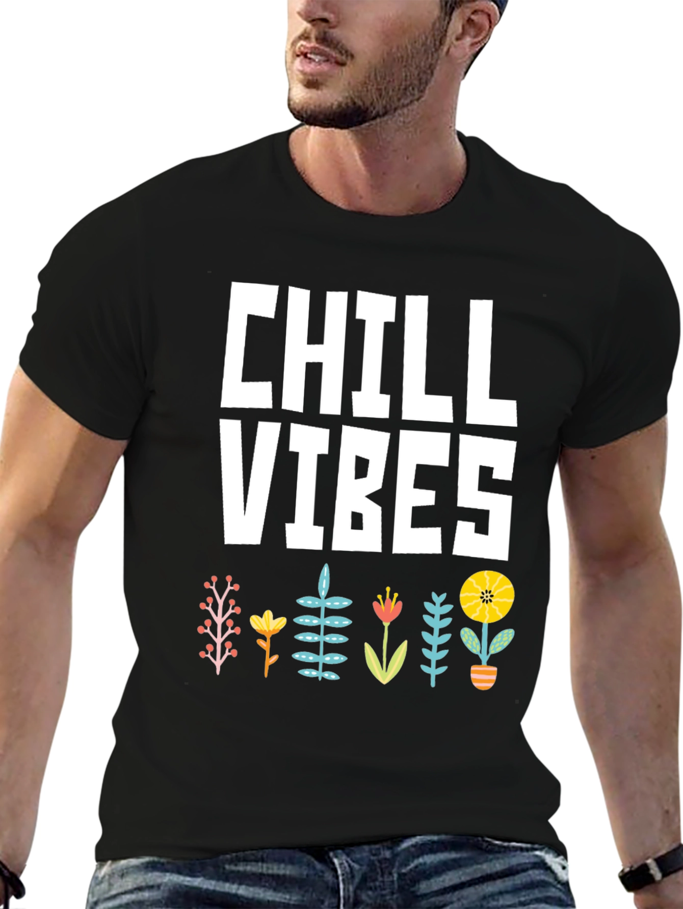 Chill Vibes Graphic T-Shirt - Black Floral Design