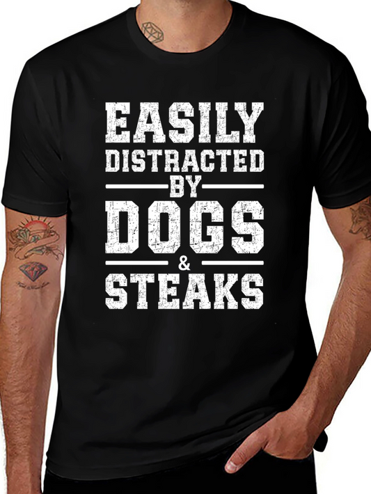 Easily Distracted By Dogs & Steaks Black T-Shirt