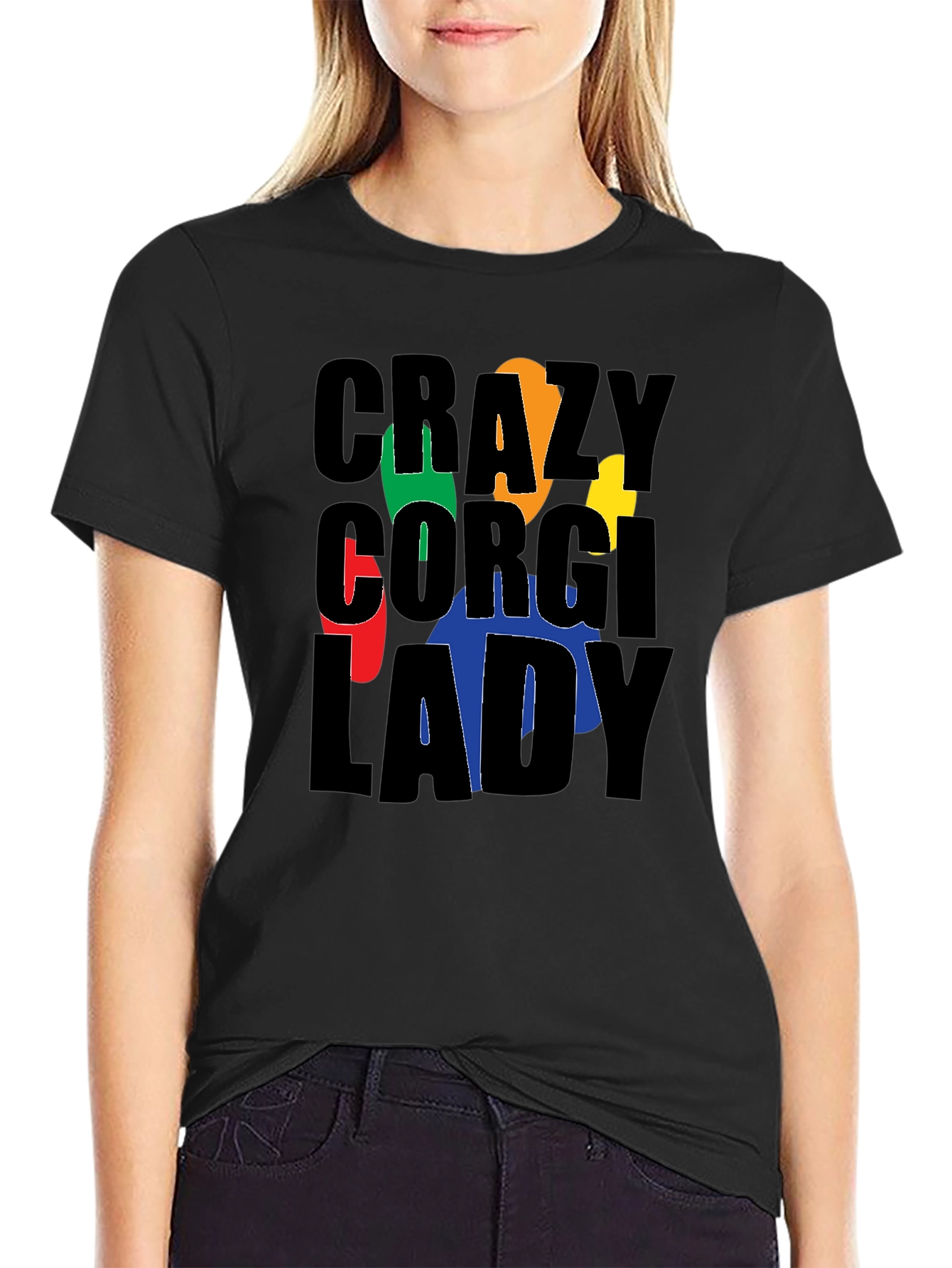 Crazy Corgi Lady Black T-Shirt
