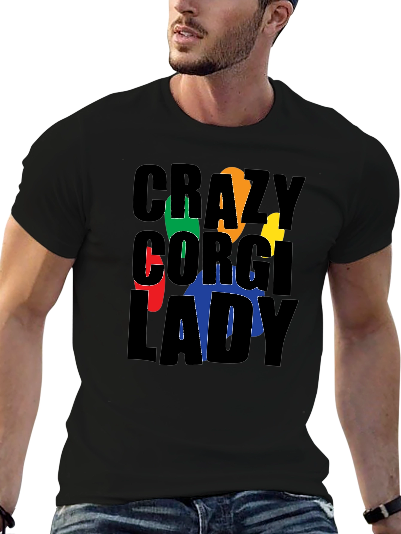 Crazy Corgi Lady Black T-Shirt