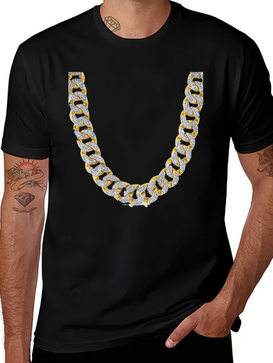 Mens Black T-Shirt with Gold & Diamond Chain Print