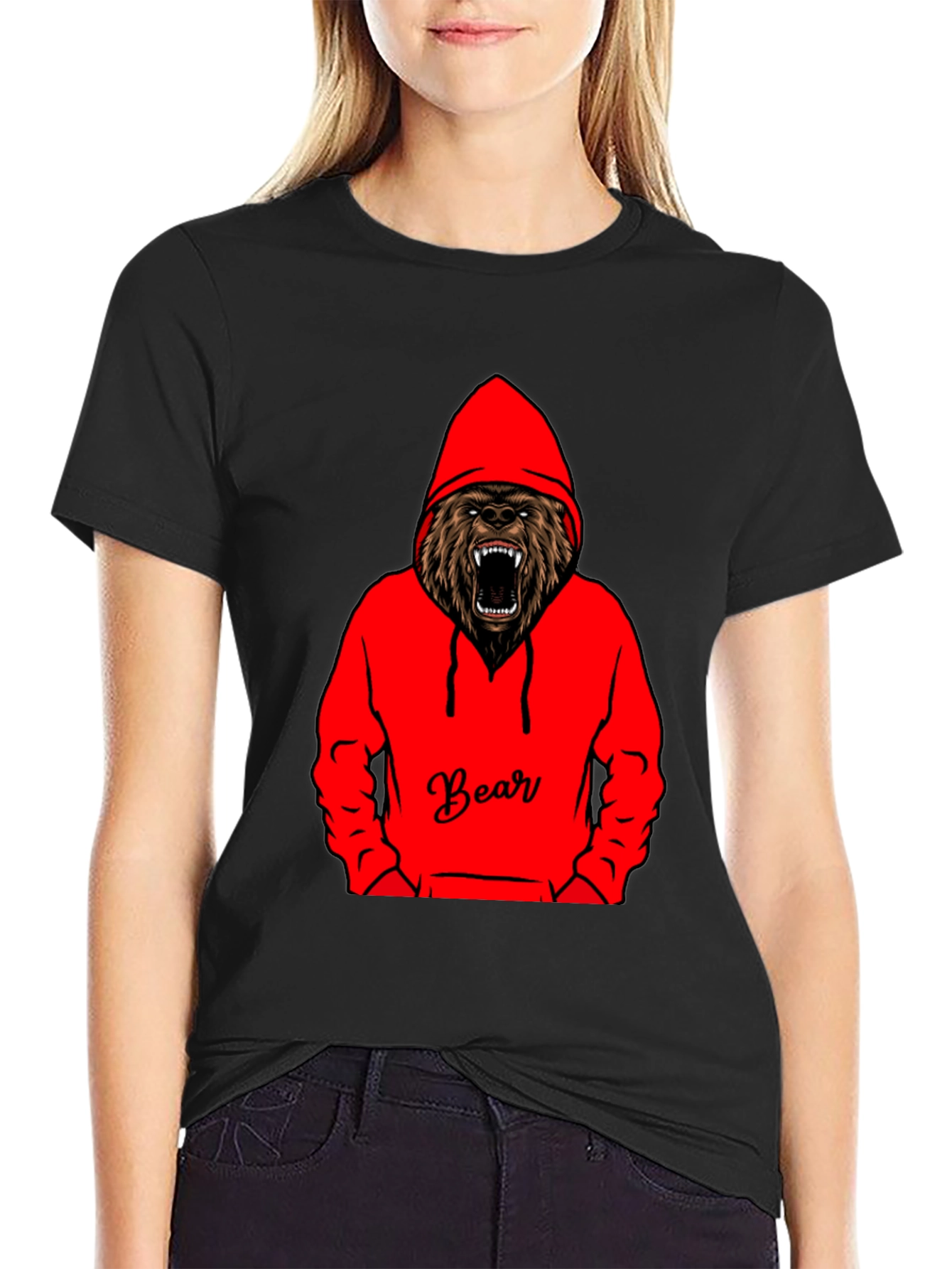 Bear Hoodie Graphic Tee - Mens Black T-Shirt