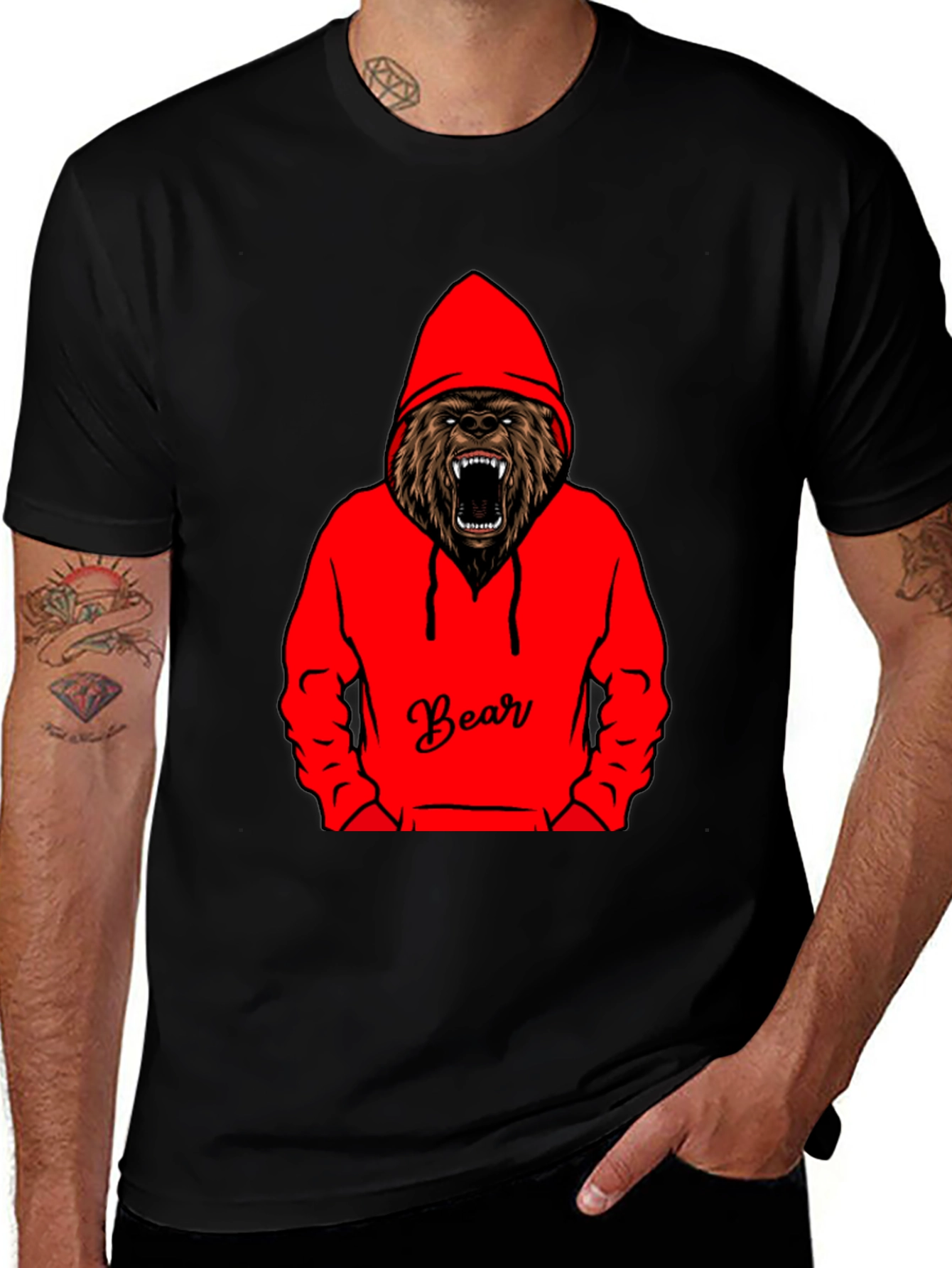 Bear Hoodie Graphic Tee - Mens Black T-Shirt