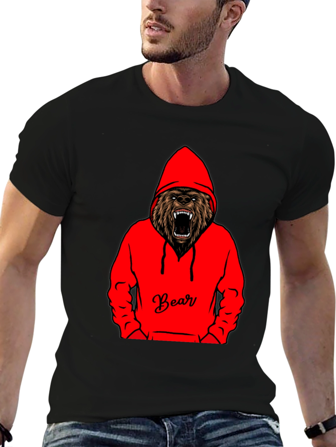 Bear Hoodie Graphic Tee - Mens Black T-Shirt