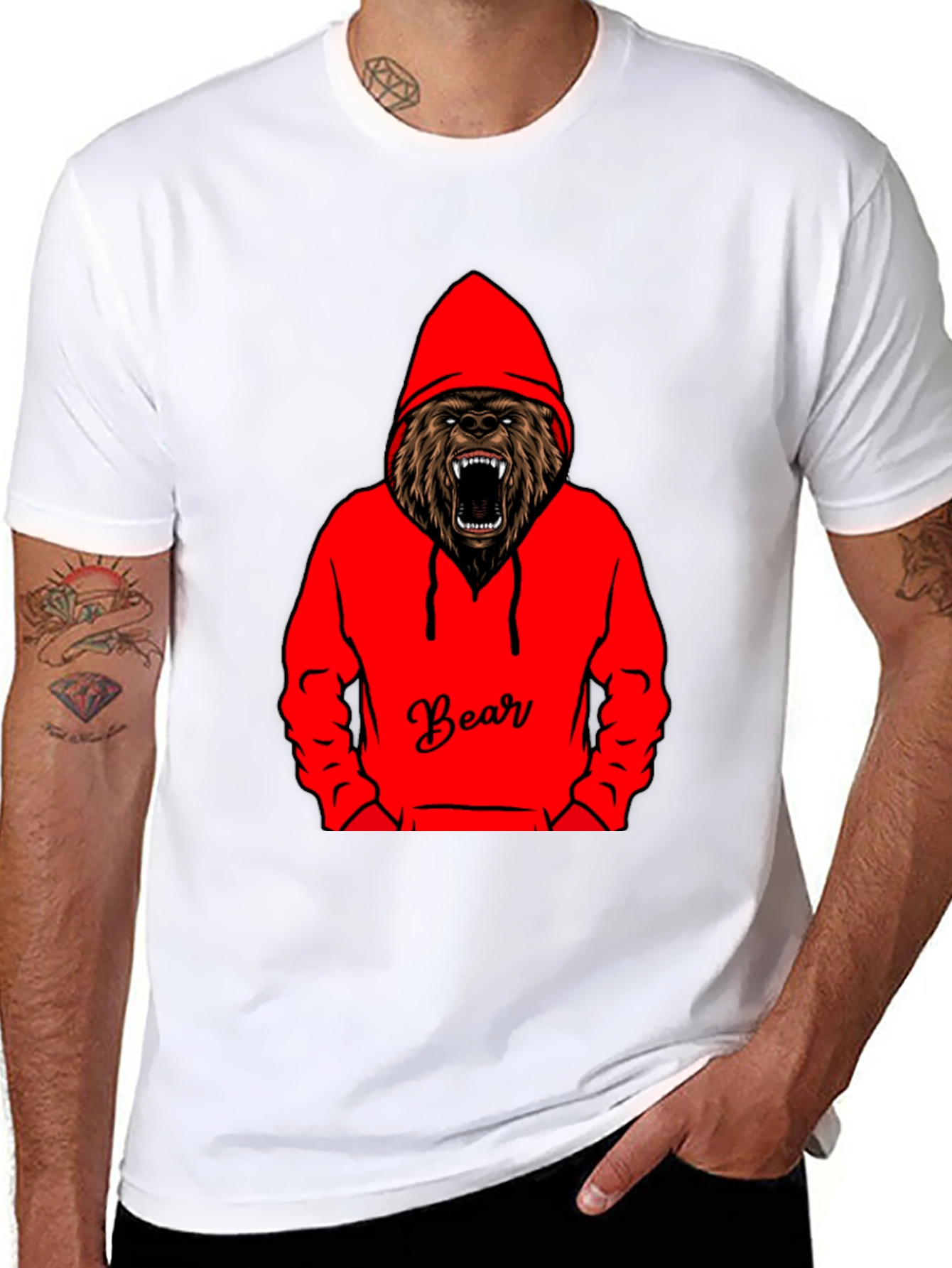 Bear Hoodie Graphic Tee - Mens Black T-Shirt
