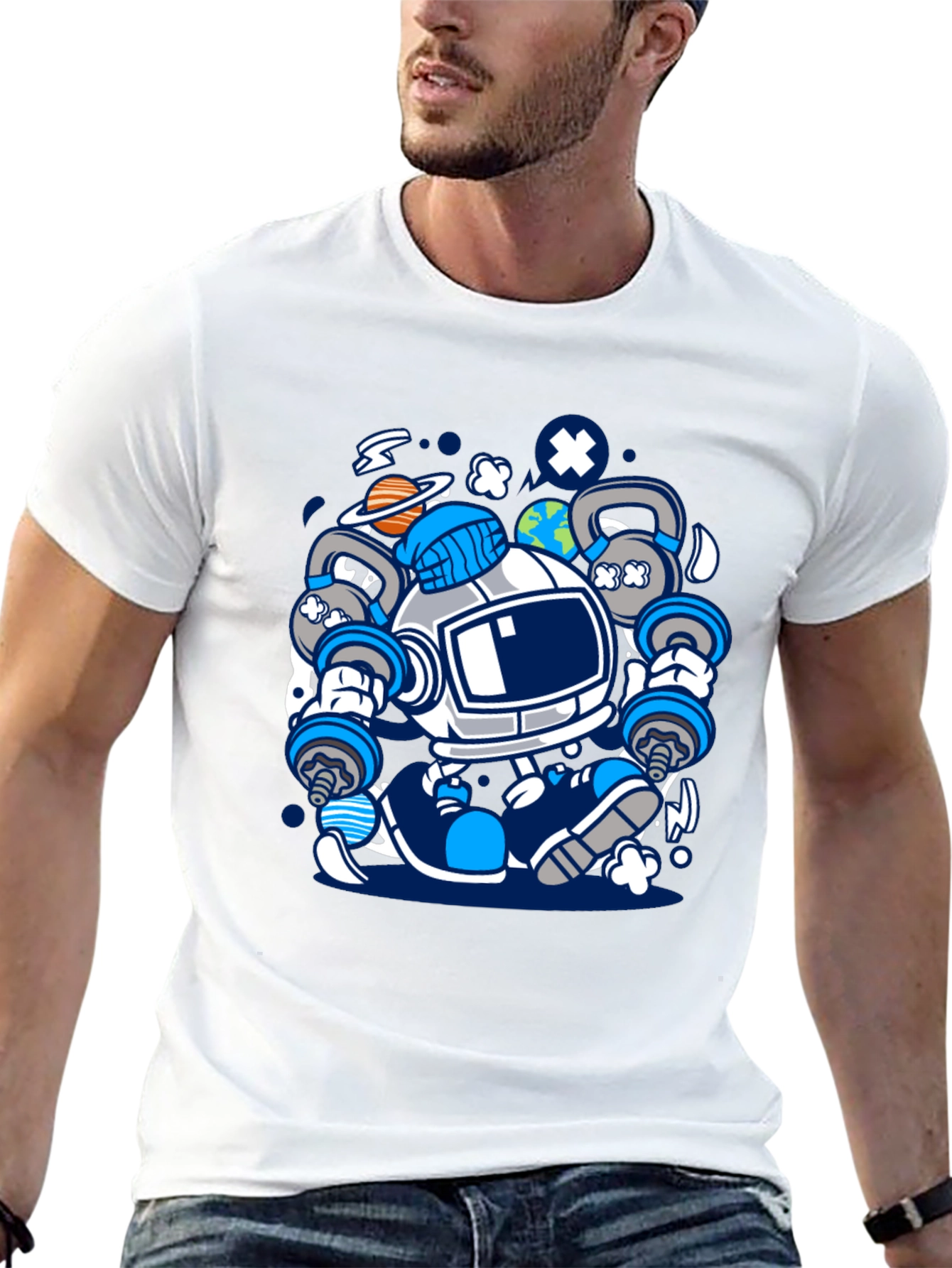Astronaut Lifting Weights Graphic T-Shirt