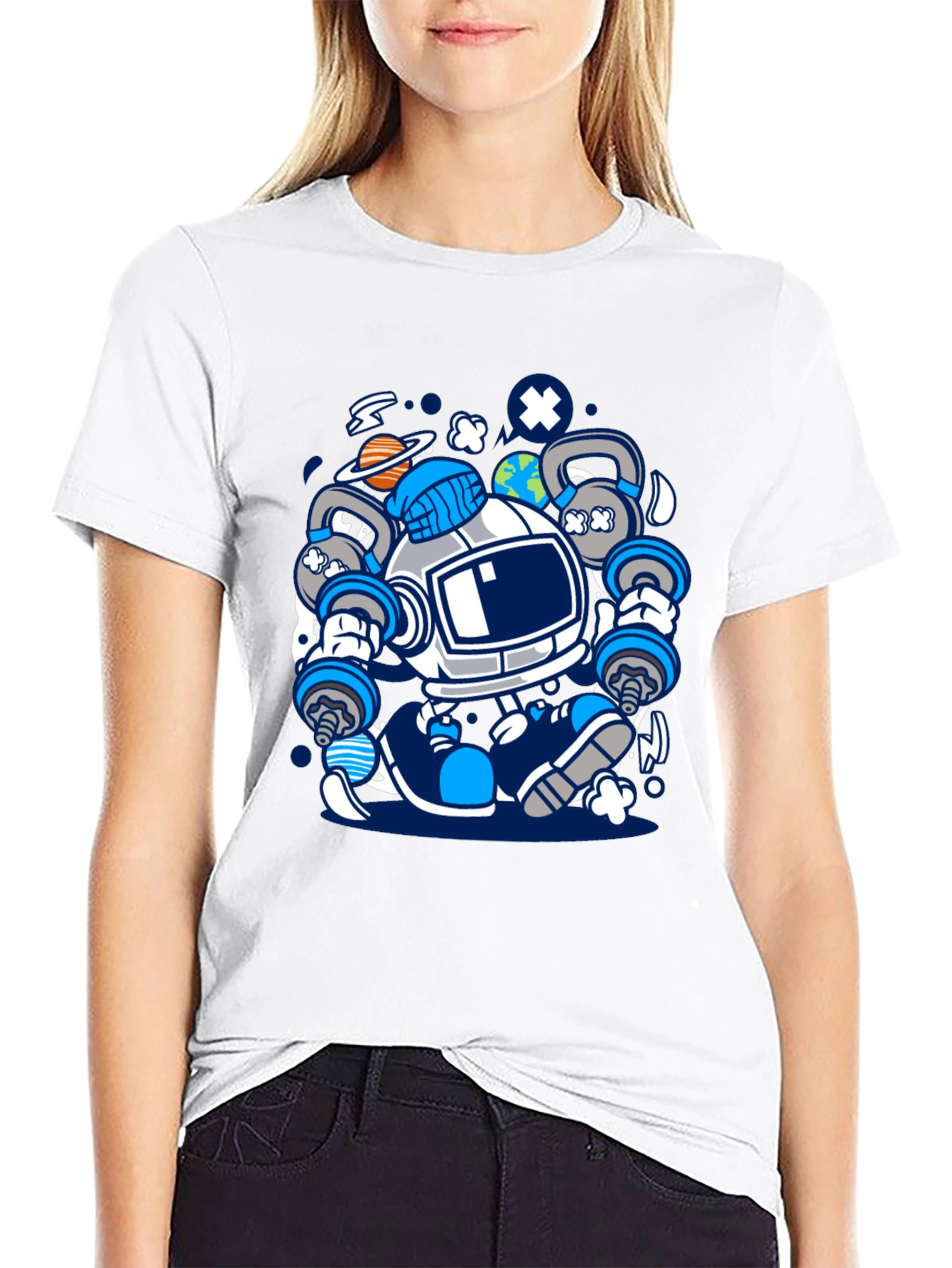 Astronaut Lifting Weights Graphic T-Shirt