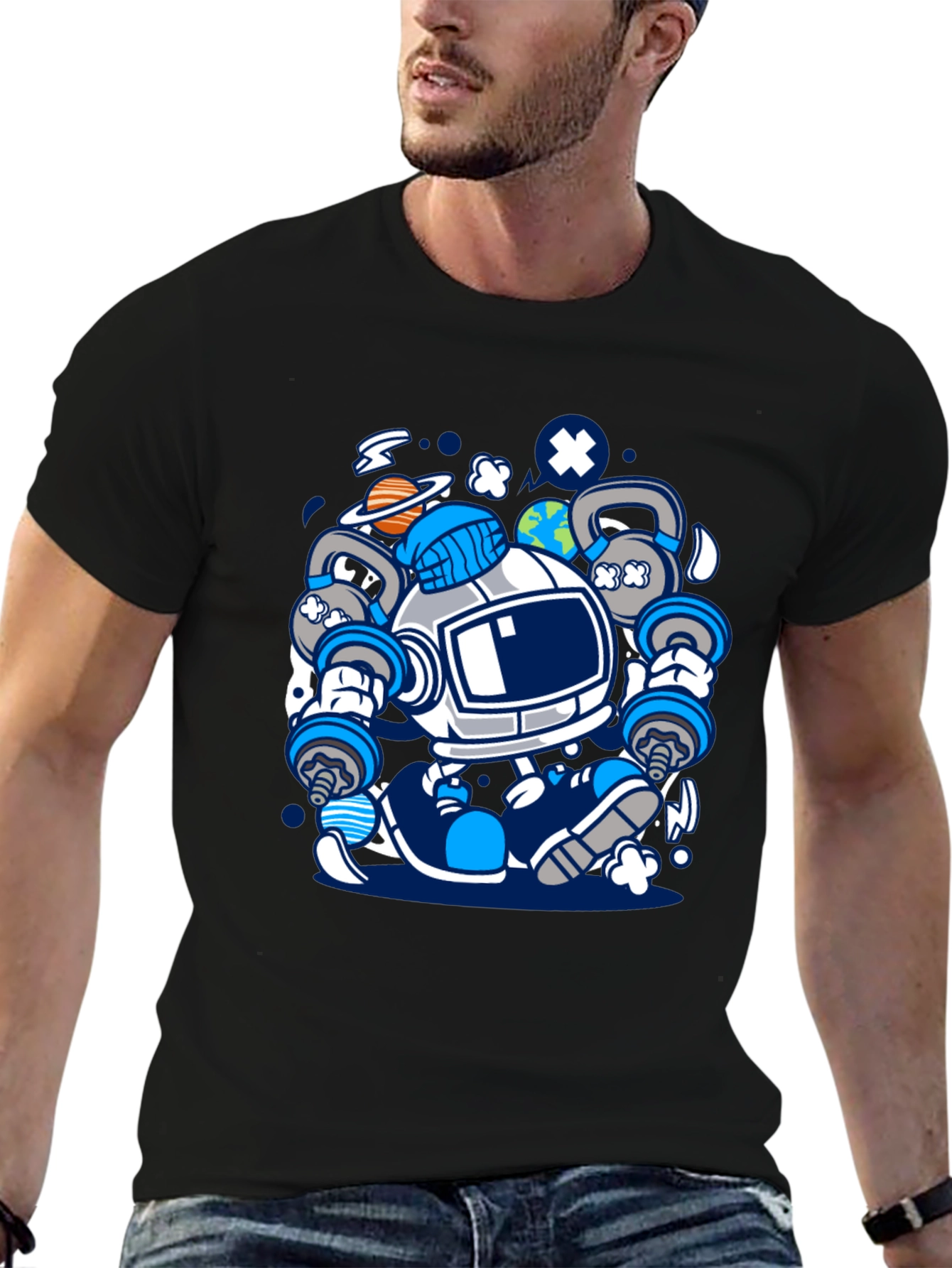 Astronaut Lifting Weights Graphic T-Shirt