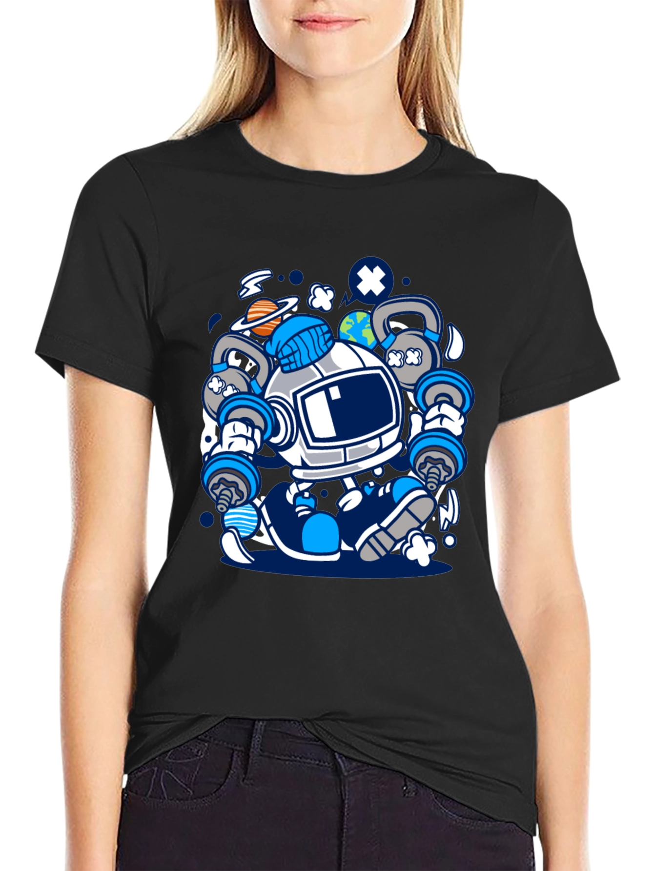 Astronaut Lifting Weights Graphic T-Shirt