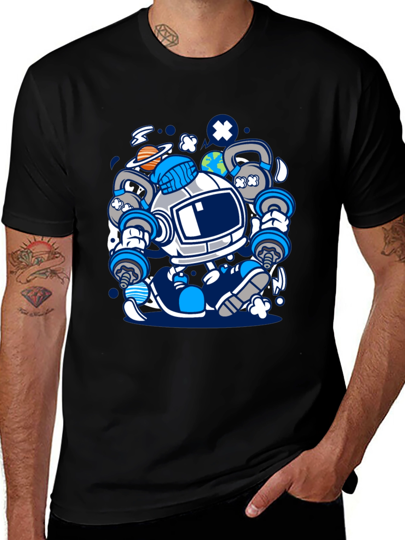 Astronaut Lifting Weights Graphic T-Shirt
