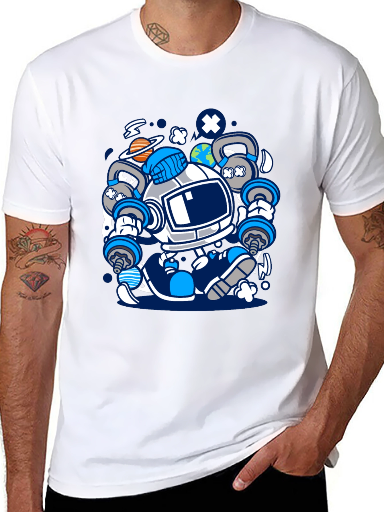 Astronaut Lifting Weights Graphic T-Shirt