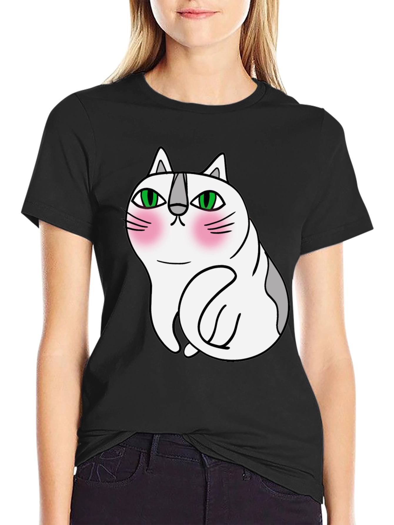 Cute Cartoon Cat Graphic Tee - Unisex Black T-Shirt