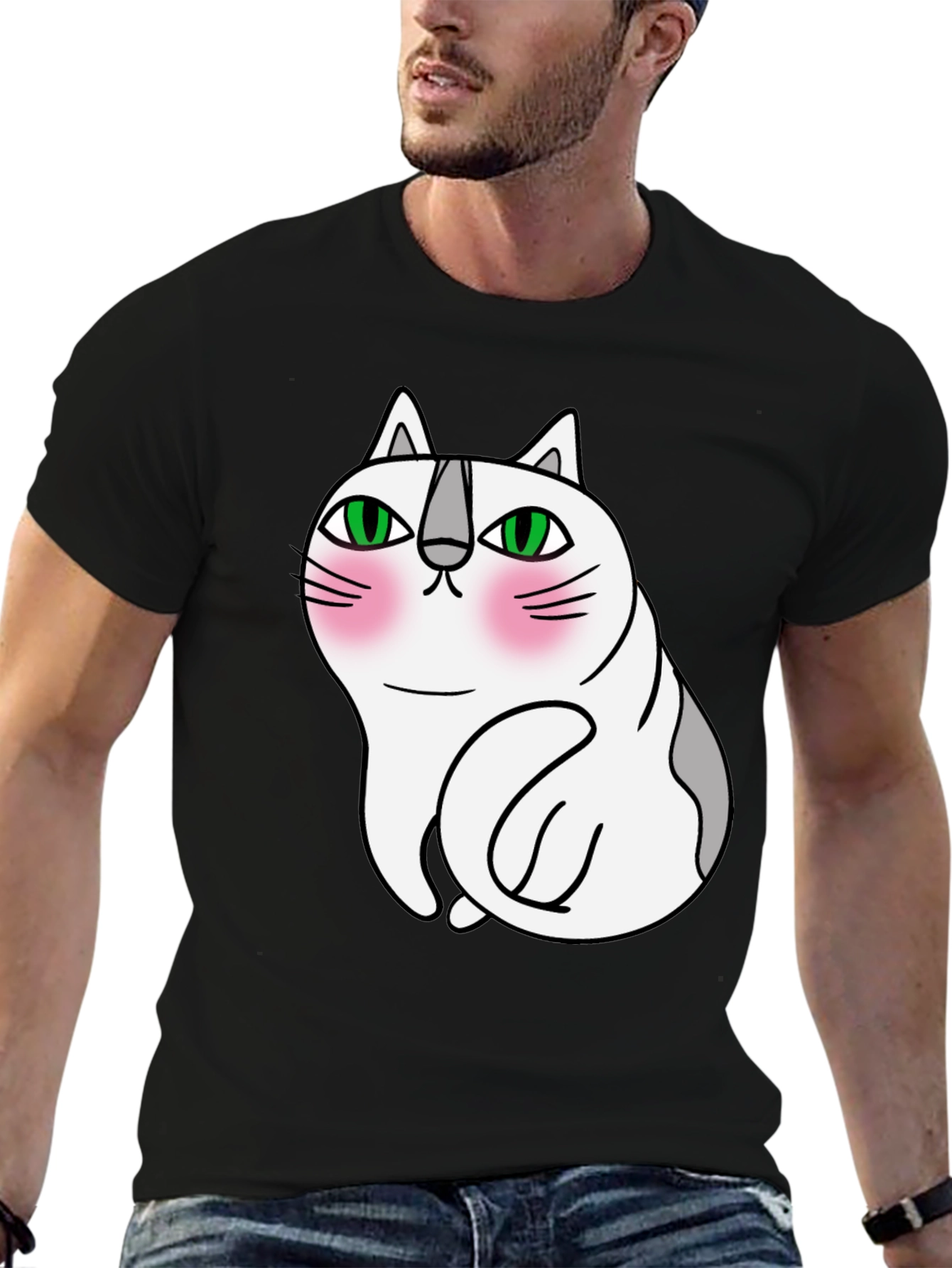 Cute Cartoon Cat Graphic Tee - Unisex Black T-Shirt