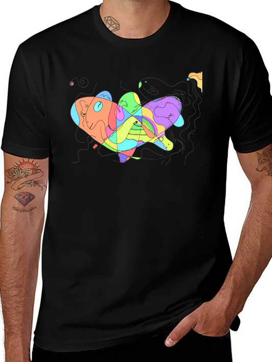Abstract Colorful Fish Graphic Black T-Shirt