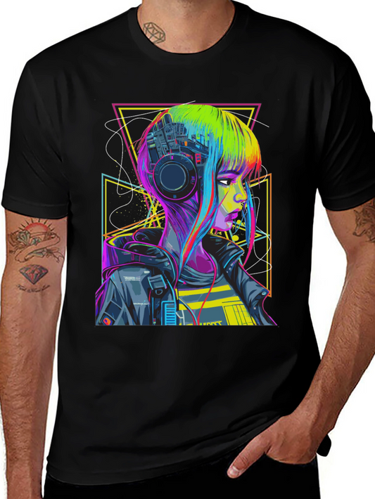 Cyberpunk Girl T-Shirt Geometric Design