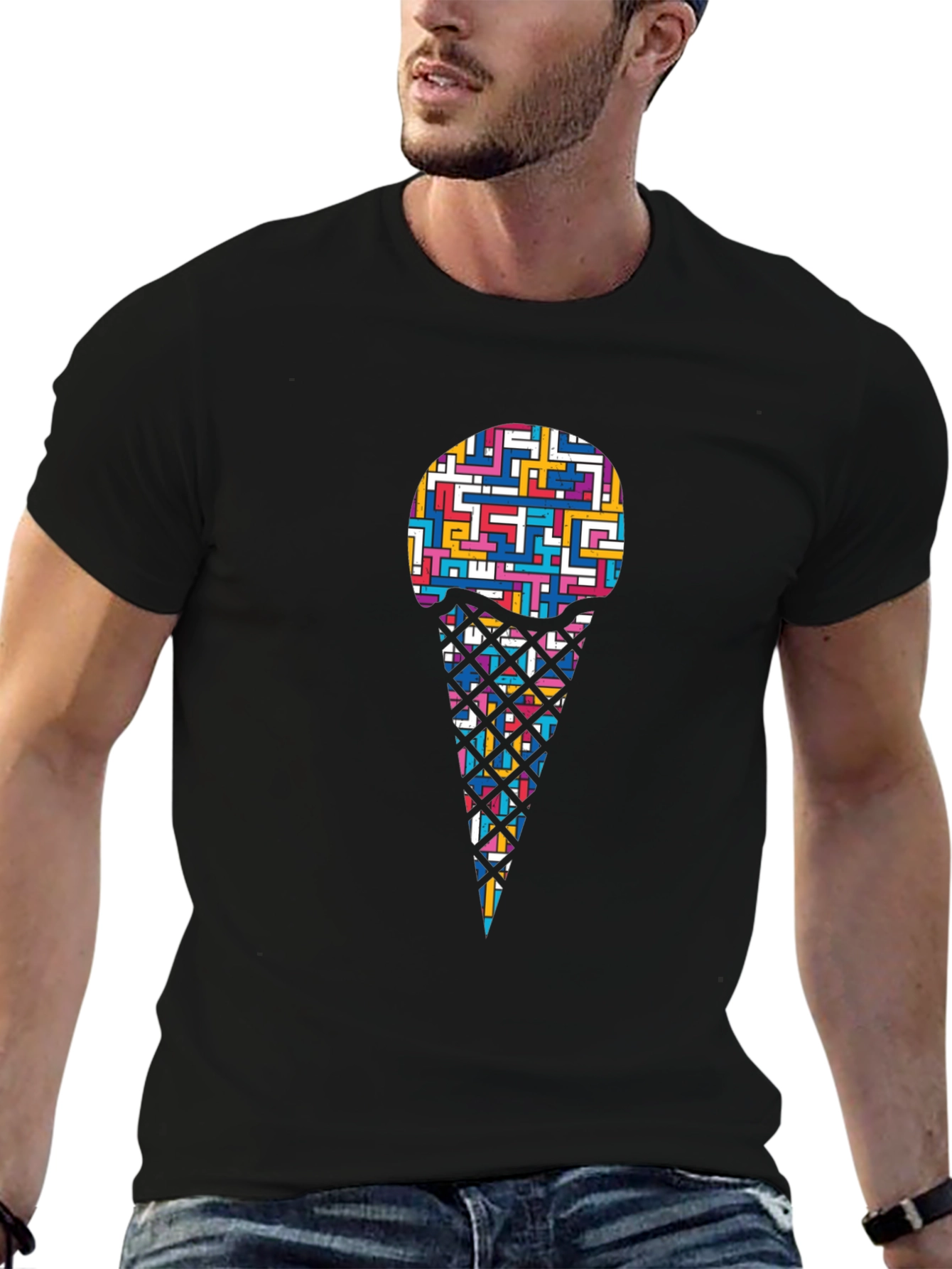 Abstract Ice Cream Graphic Black T-Shirt