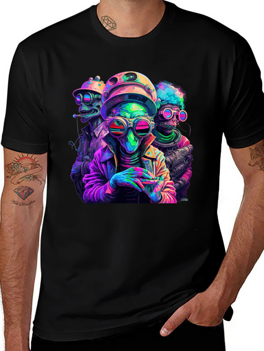 Neon Alien Crew T-Shirt - Black Cotton Blend