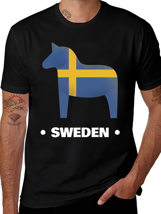 Sweden Flag Dala Horse Black T-Shirt