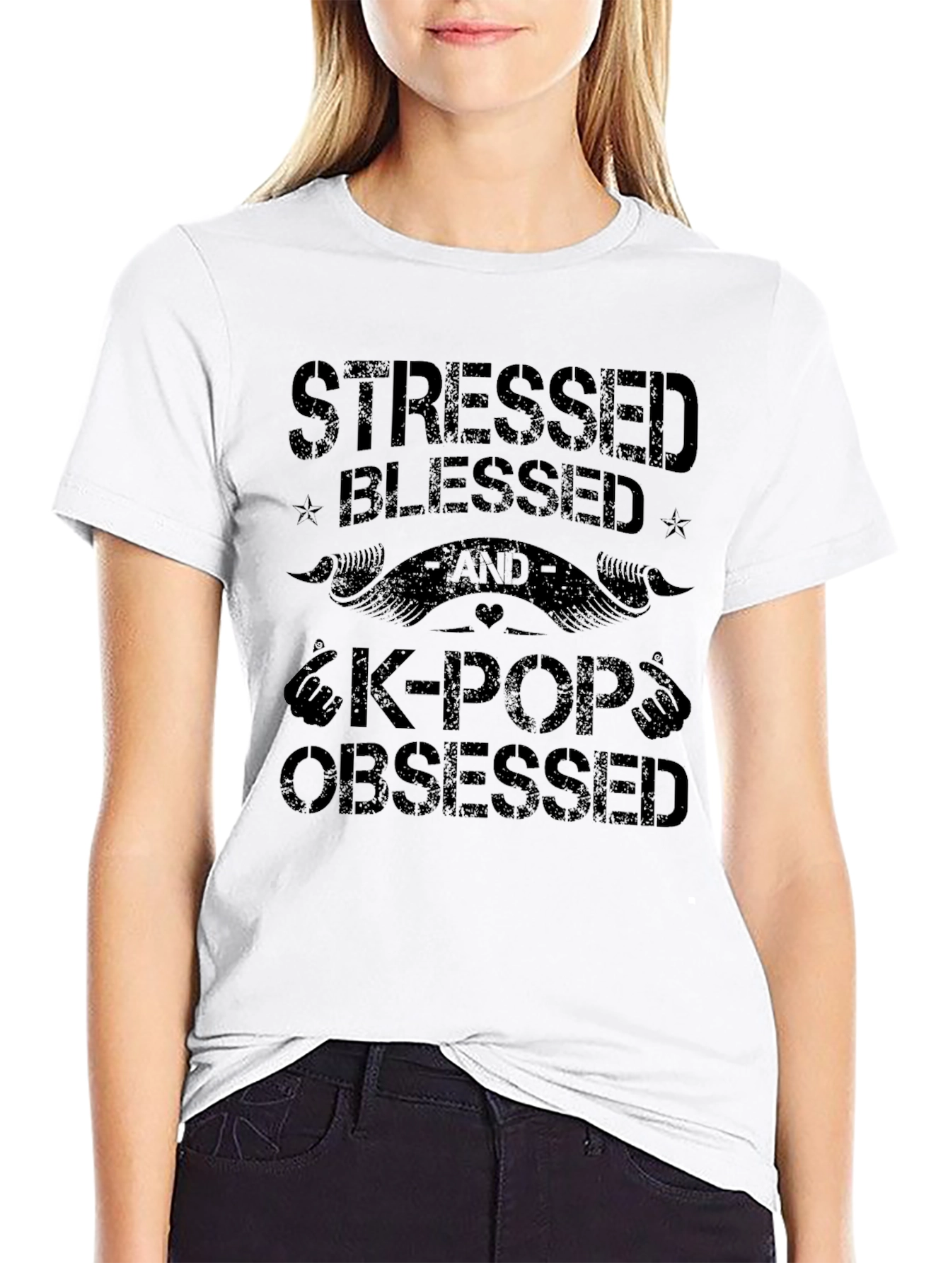 Stressed Blessed & K-Pop Obsessed Black T-Shirt