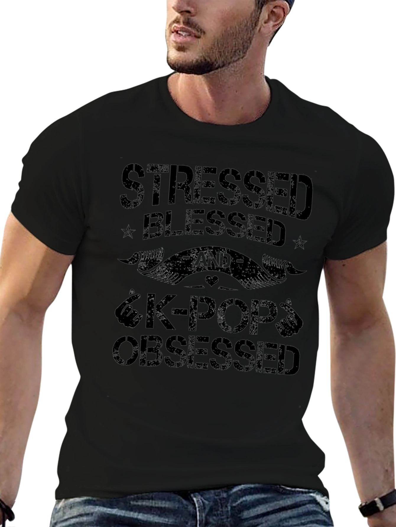 Stressed Blessed & K-Pop Obsessed Black T-Shirt