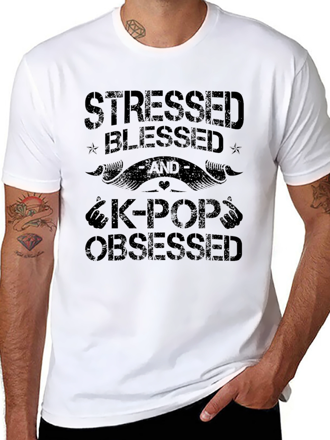 Stressed Blessed & K-Pop Obsessed Black T-Shirt