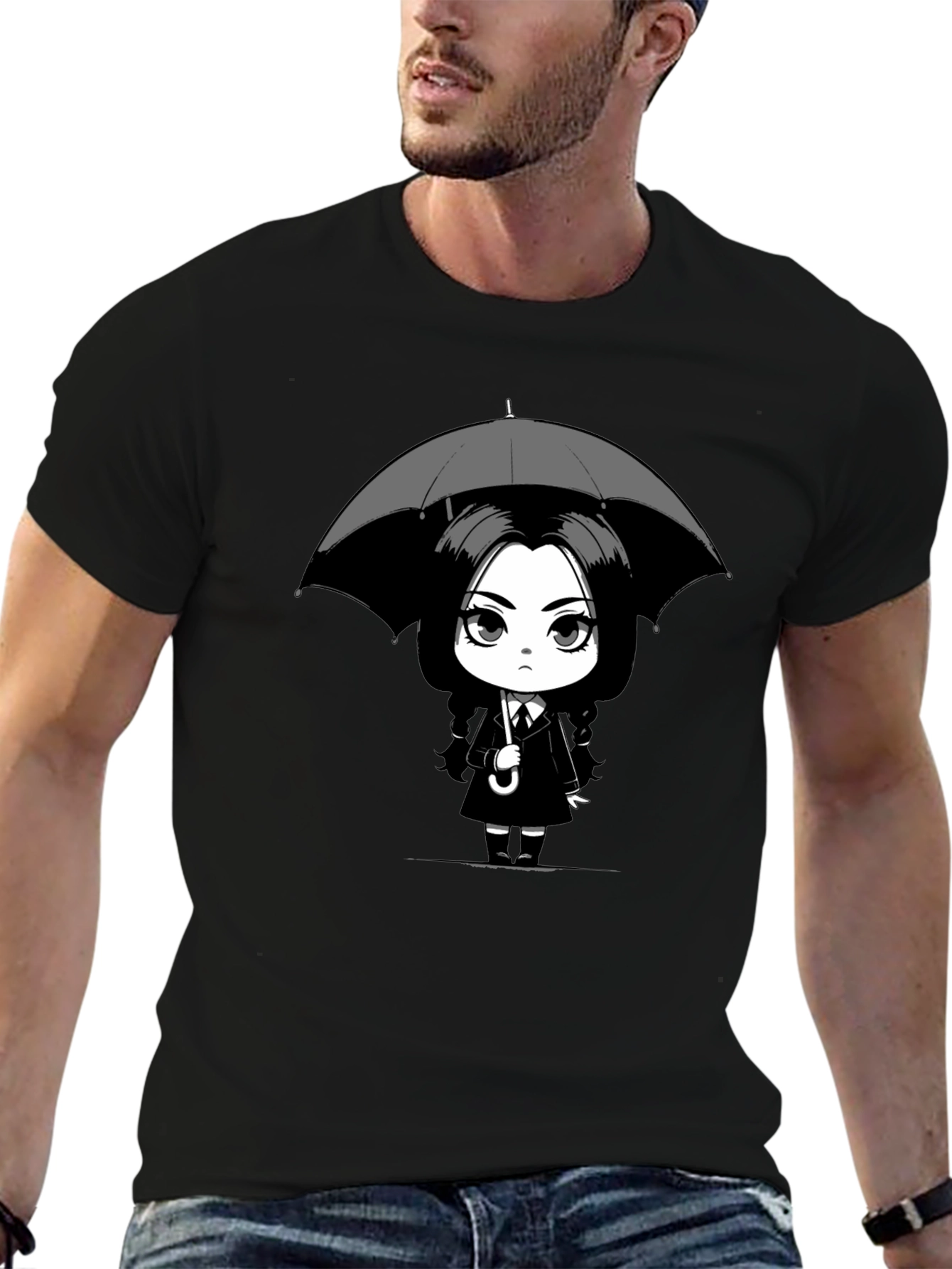 Wednesday Addams Umbrella Graphic Tee - Black