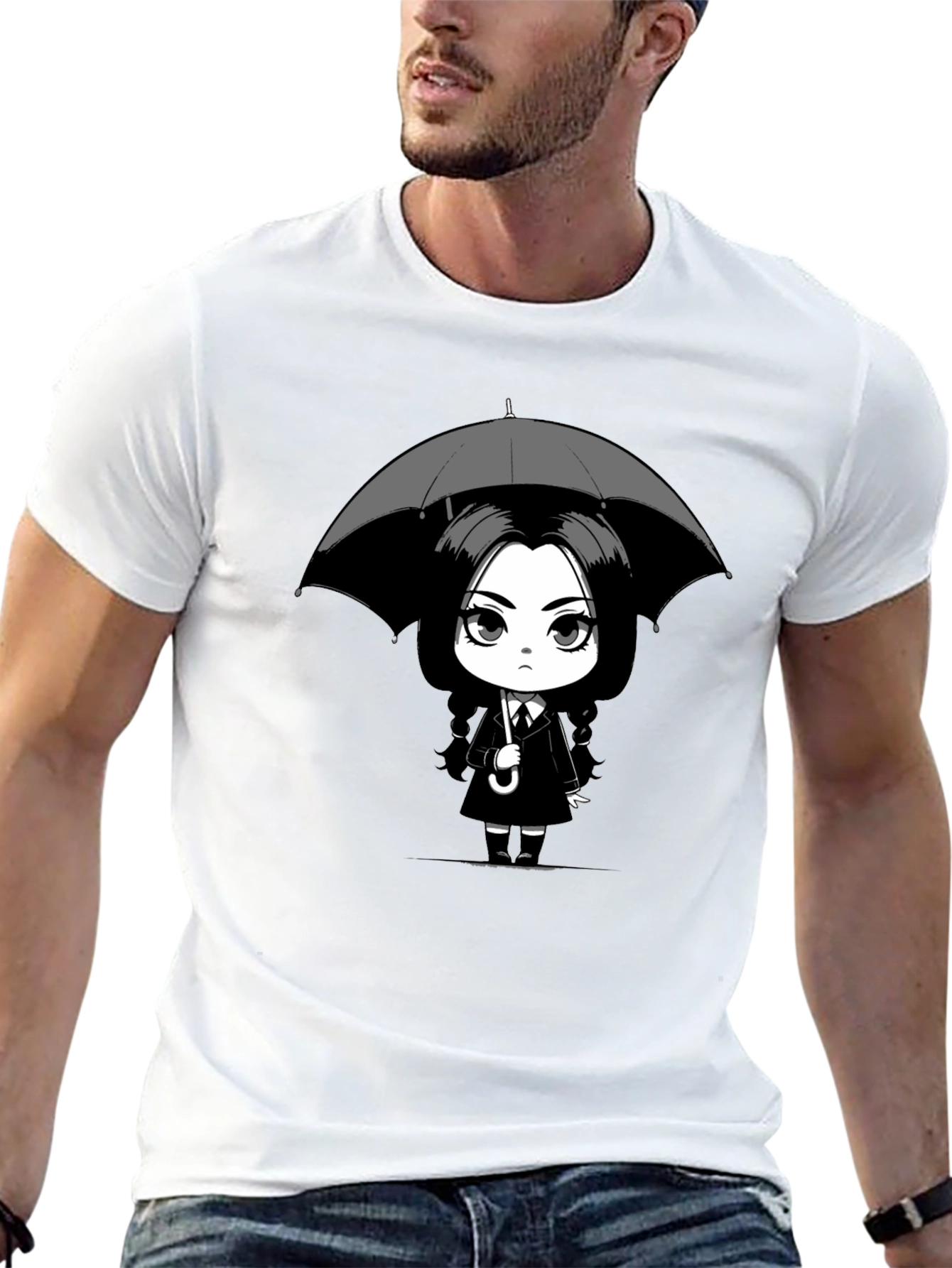 Wednesday Addams Umbrella Graphic Tee - Black