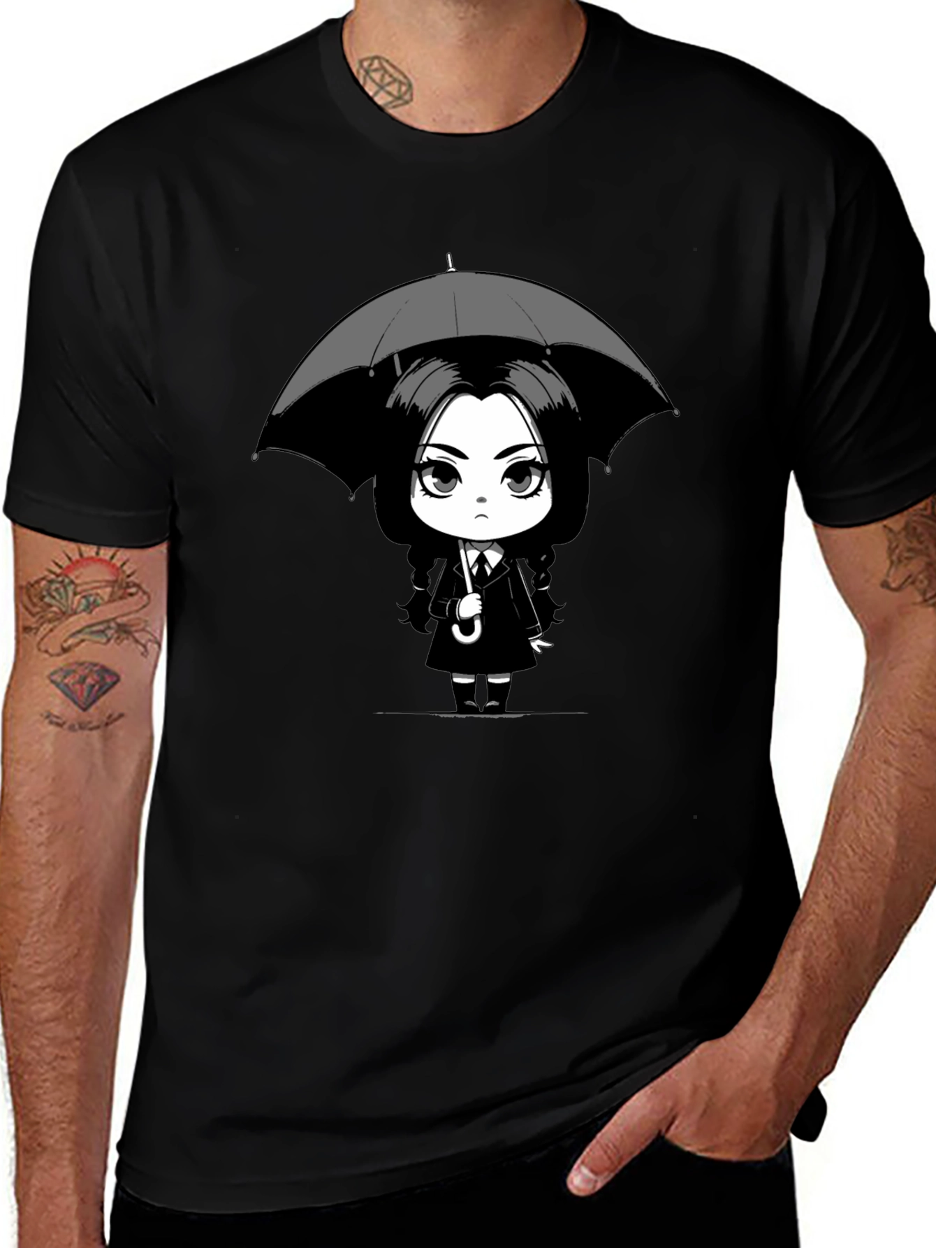 Wednesday Addams Umbrella Graphic Tee - Black