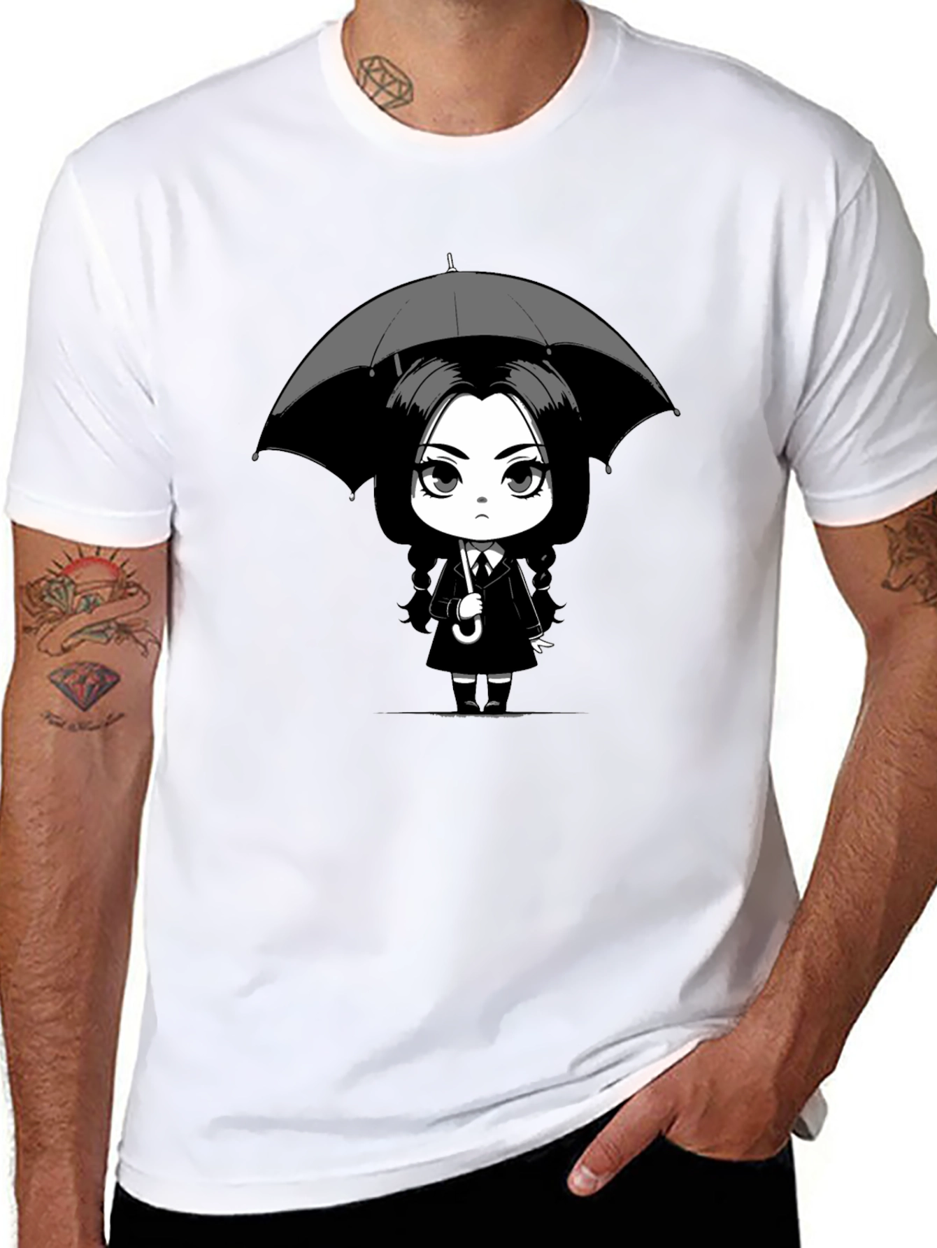 Wednesday Addams Umbrella Graphic Tee - Black