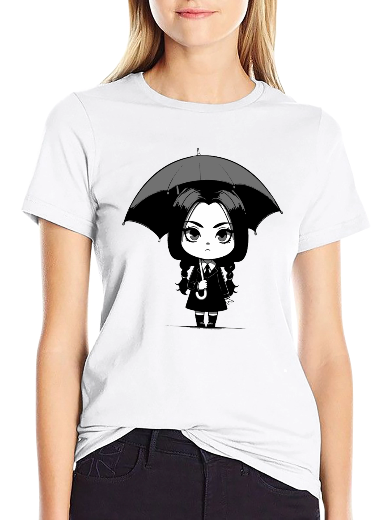 Wednesday Addams Umbrella Graphic Tee - Black