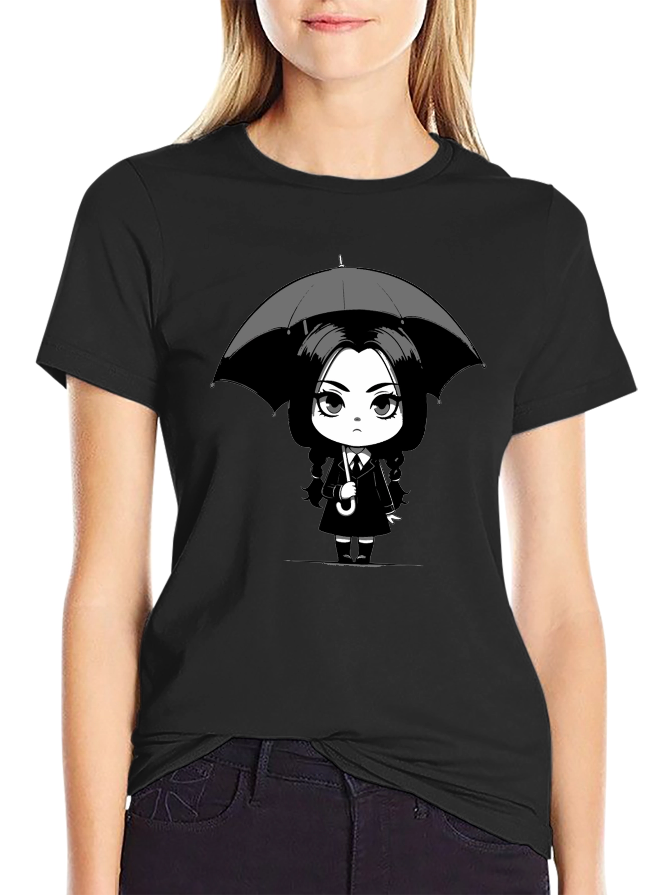Wednesday Addams Umbrella Graphic Tee - Black