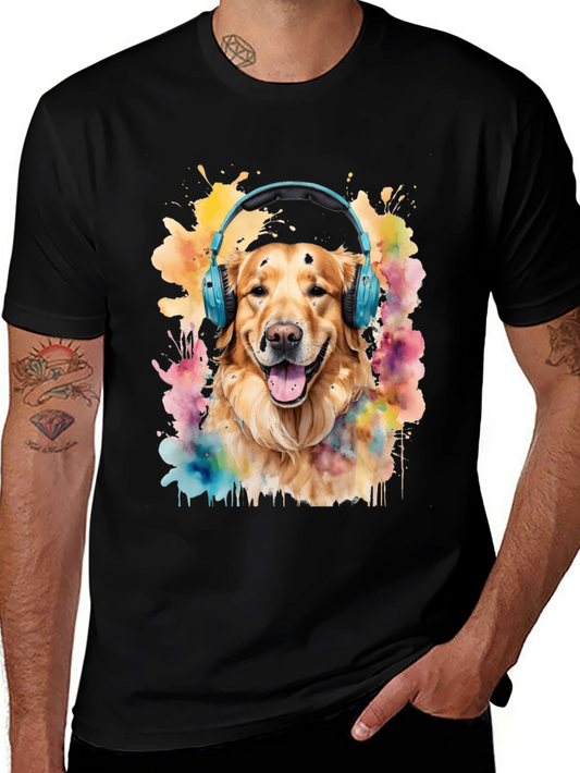 Dog with Headphones Graphic Tee - Trendy Mens T-Shirt